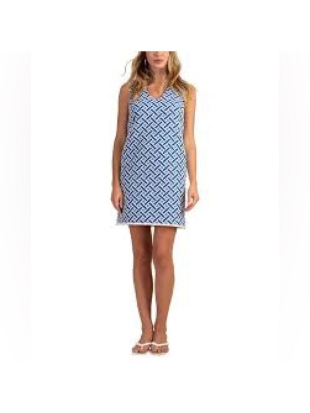 Trina Turk Blue and White Geometric Sleeveless Dress Sz10